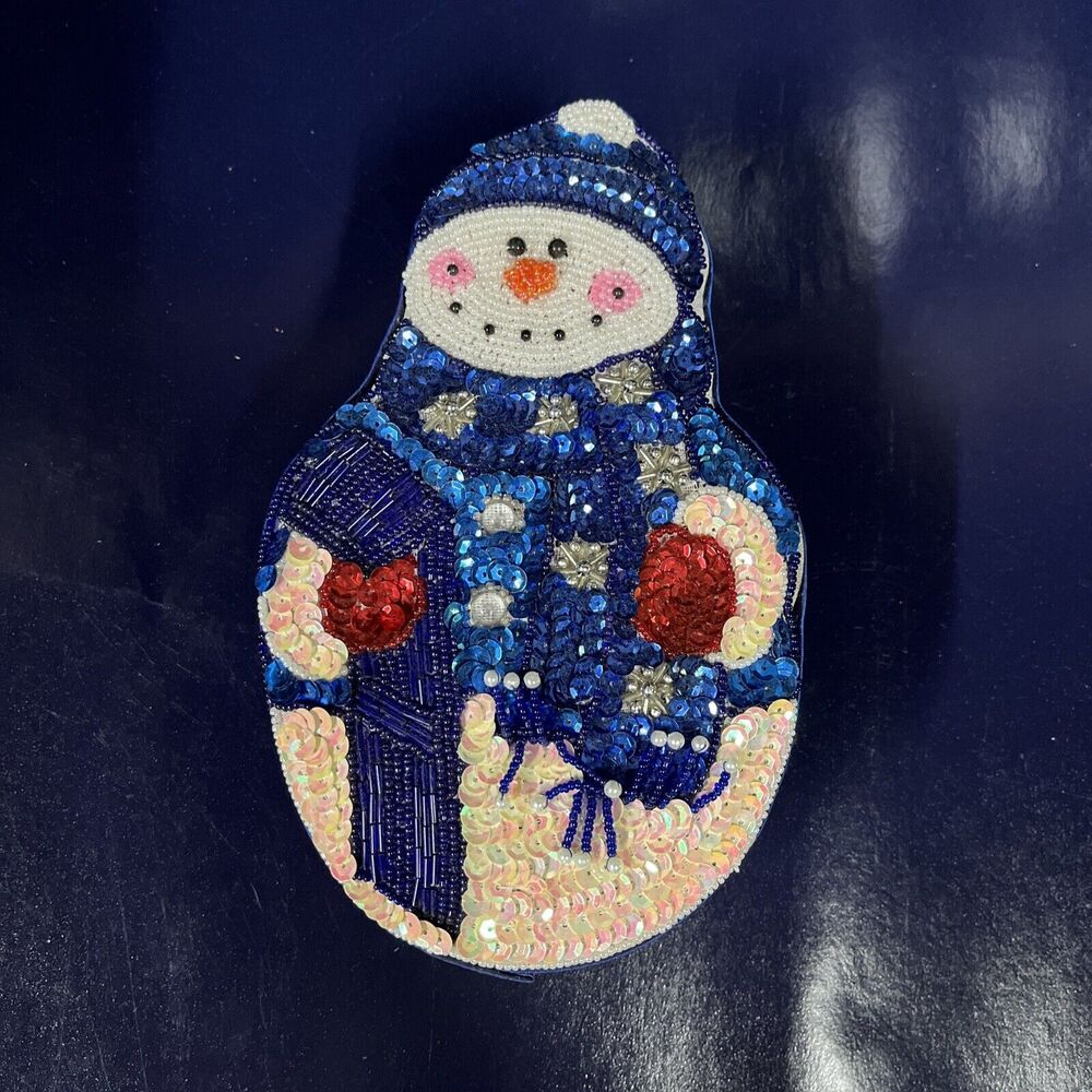 Vintage‎ Satin Beaded CHRISTMAS SNOWMAN Blue GIFT Trinket Candy Jewelry Box -D10